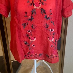Umgee Red Embroidered Floral Short-Sleeve Blouse SMALL